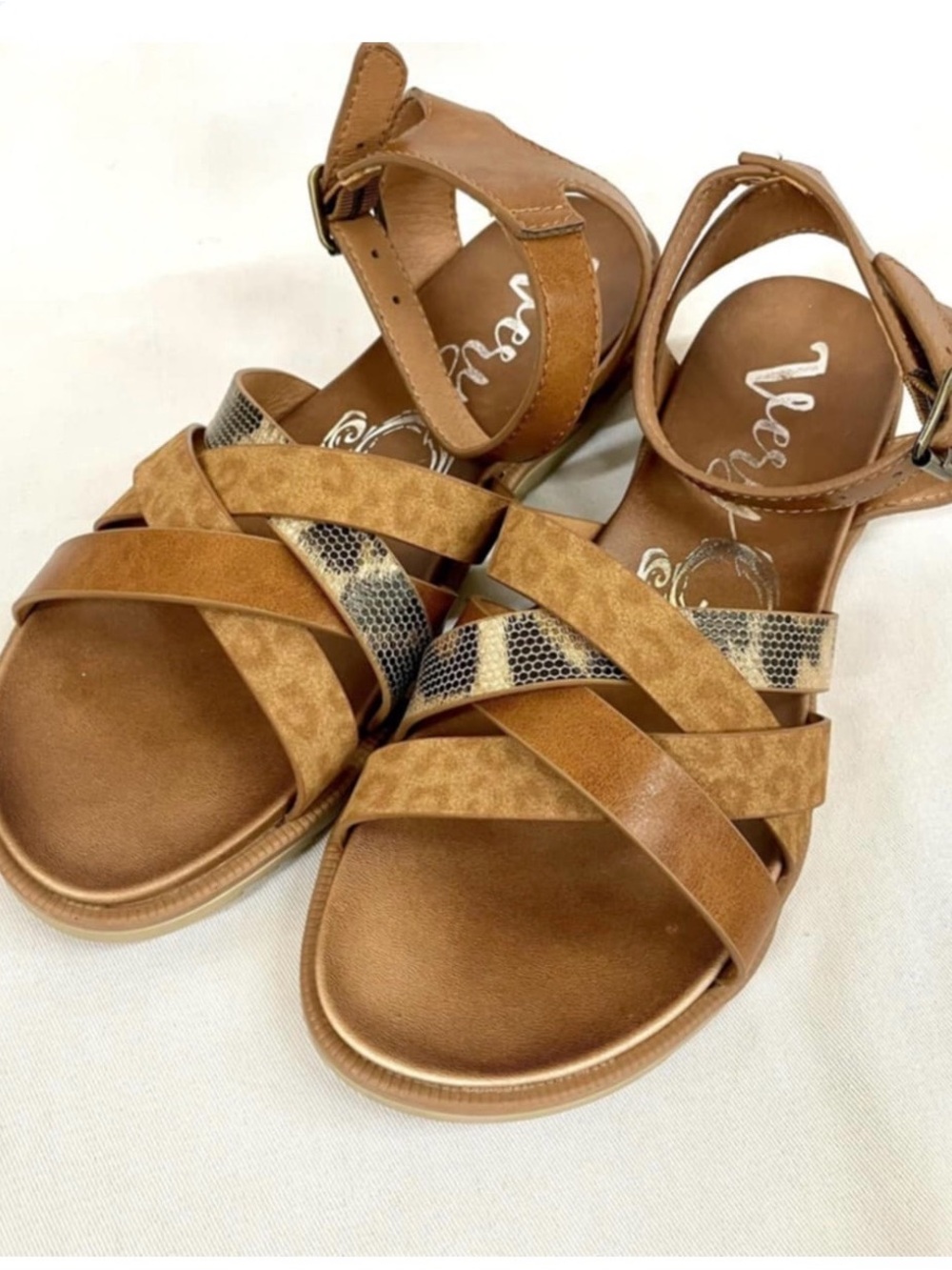 Very G Brown Strappy Sandals with Snake-Print Accent